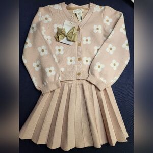 Happily Grey Girl's Floral Knit Cardigan w/ Pleated Skirt&Hair Bow,Size 5/6, NWT